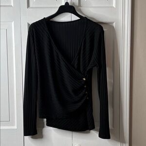 Surplice Ribbed Long-Sleeve Top in Black